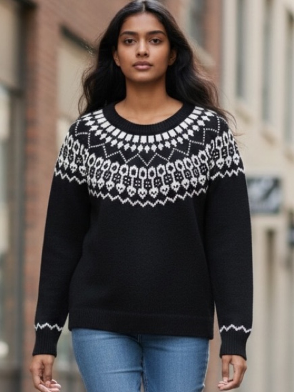 LOFT Black and White Fair Isle Crewneck Ski Sweater Gorpcore SZ S EUC Clean Girl